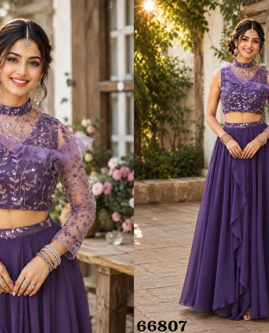 PURPLE - Purple Georgette Embroidered Work Readymade Lehenga Choli